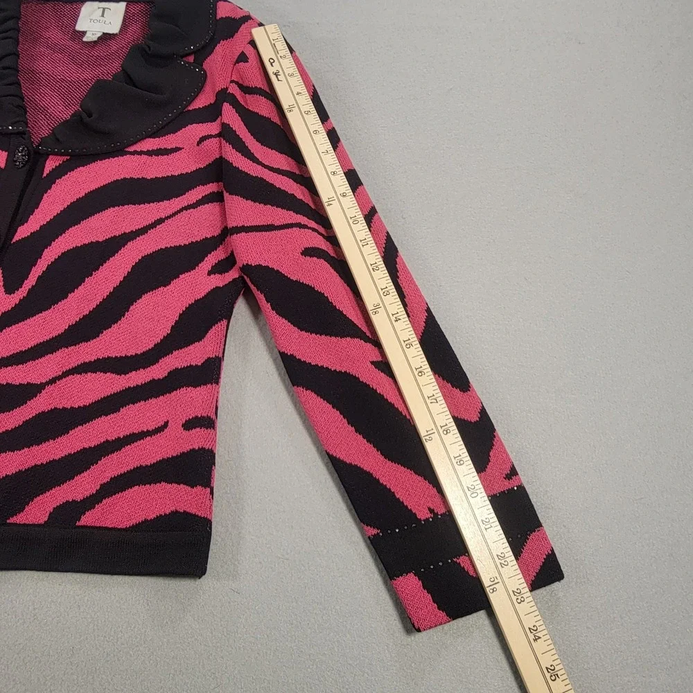 Toula Zebra Print Knit Blazer Jacket Ruffle Collar Embellished Buttons Womens 10